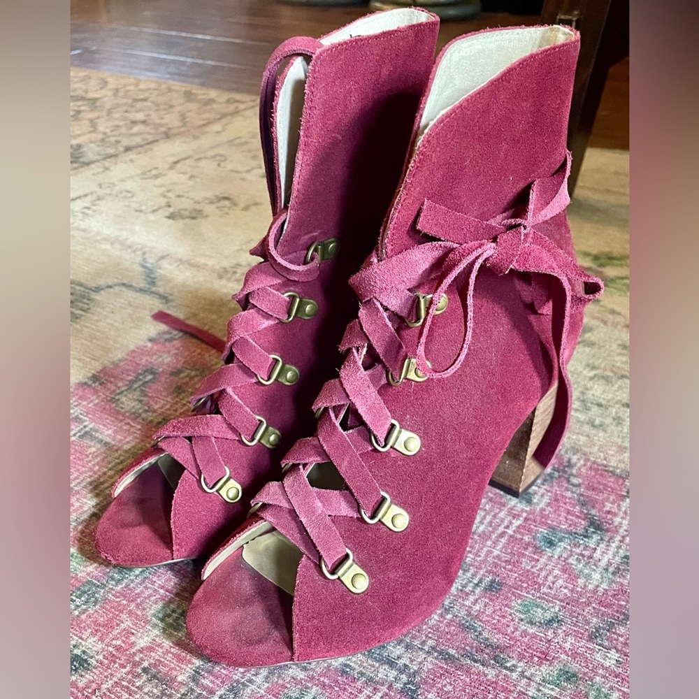 Joy Folie Burgandy suede lace up booties 7